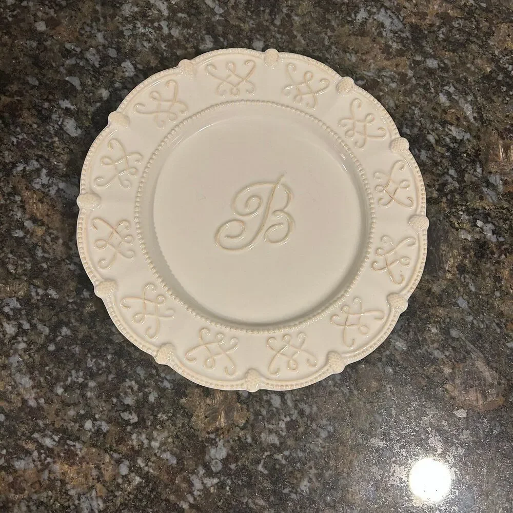 Mudpie Signature Collection Monogrammed Cream Ceramic Initial B 8.5” Inch Plate